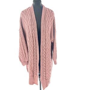 Topshop Women’s Chunky Cable Knit Long Open Front Cardigan Pink Rose Size 8